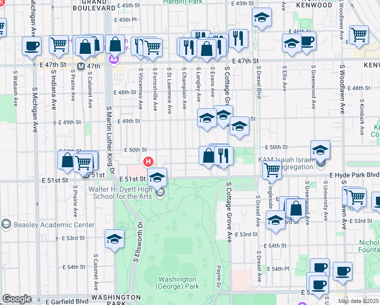 map of restaurants, bars, coffee shops, grocery stores, and more near 660 East 50th Place in Chicago