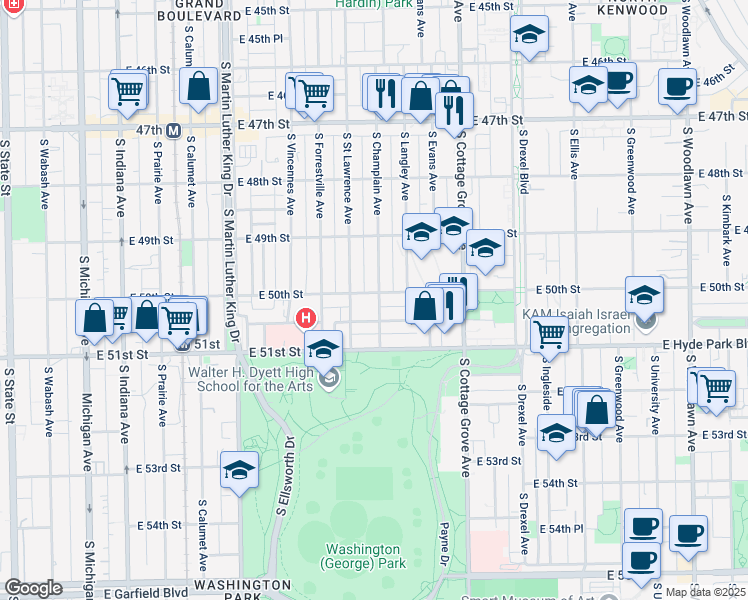 map of restaurants, bars, coffee shops, grocery stores, and more near 5015 South Champlain Avenue in Chicago