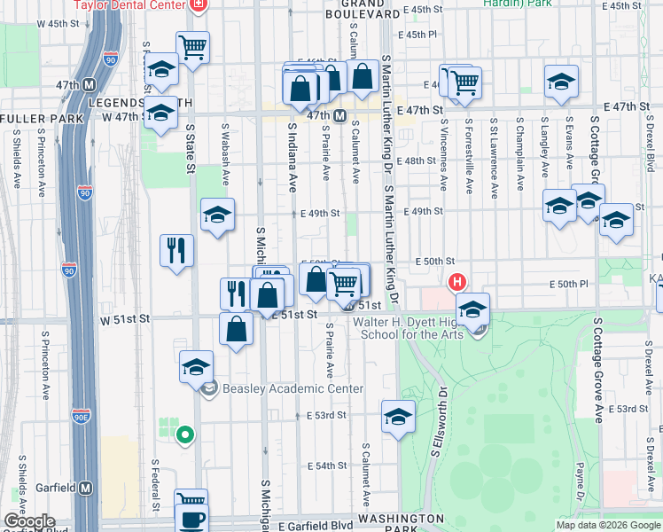 map of restaurants, bars, coffee shops, grocery stores, and more near 5005 South Prairie Avenue in Chicago