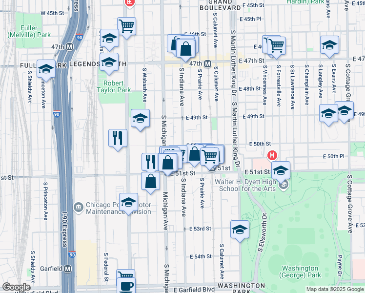 map of restaurants, bars, coffee shops, grocery stores, and more near 5005 South Indiana Avenue in Chicago