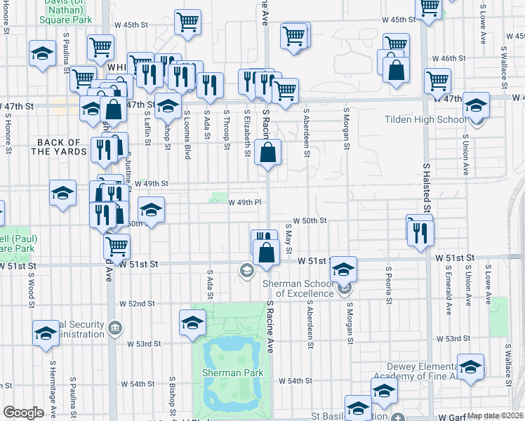map of restaurants, bars, coffee shops, grocery stores, and more near 4952 South Racine Avenue in Chicago