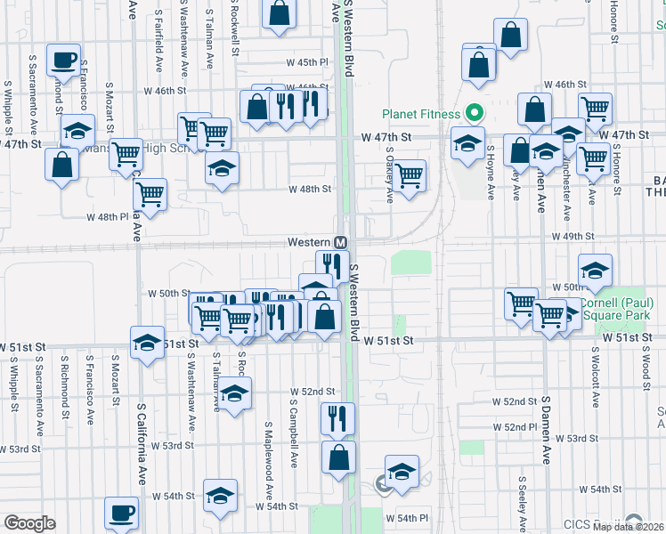 map of restaurants, bars, coffee shops, grocery stores, and more near 4940 South Western Avenue in Chicago