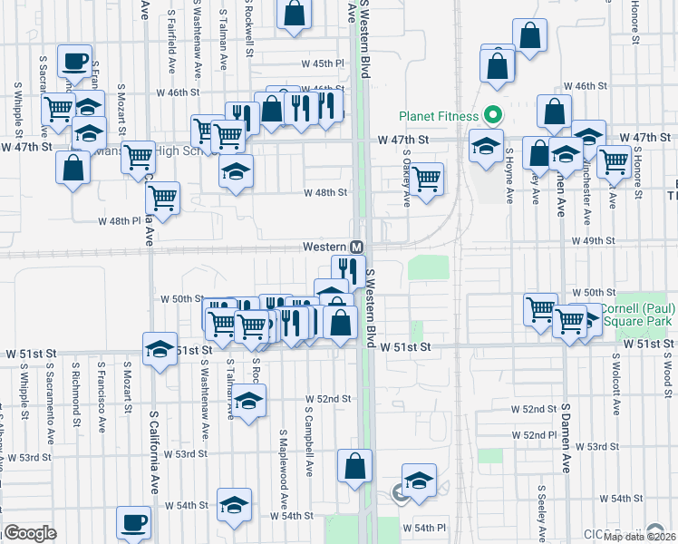 map of restaurants, bars, coffee shops, grocery stores, and more near 4939 South Artesian Avenue in Chicago
