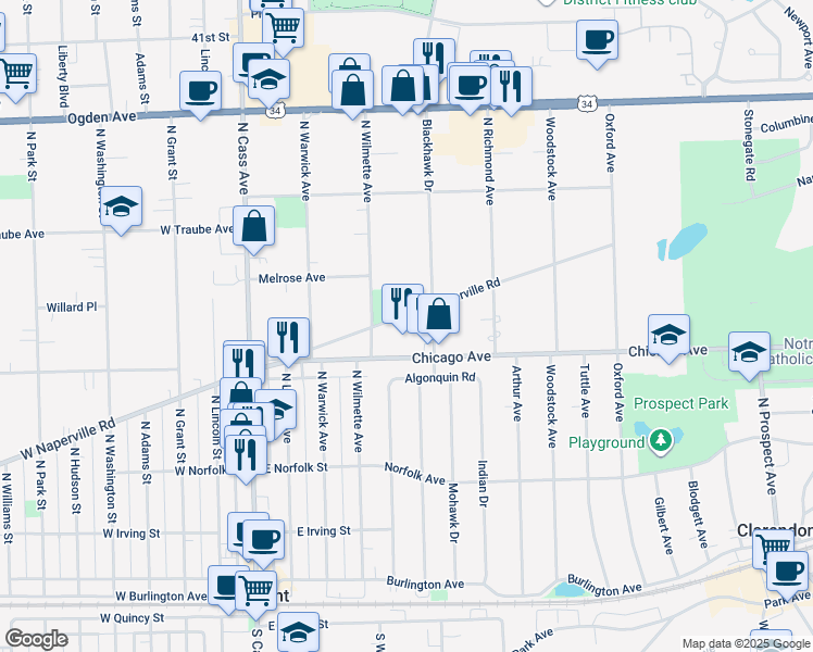 map of restaurants, bars, coffee shops, grocery stores, and more near 216a East Chicago Avenue in Westmont