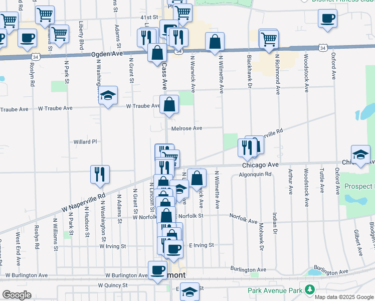 map of restaurants, bars, coffee shops, grocery stores, and more near 98 East Naperville Road in Westmont