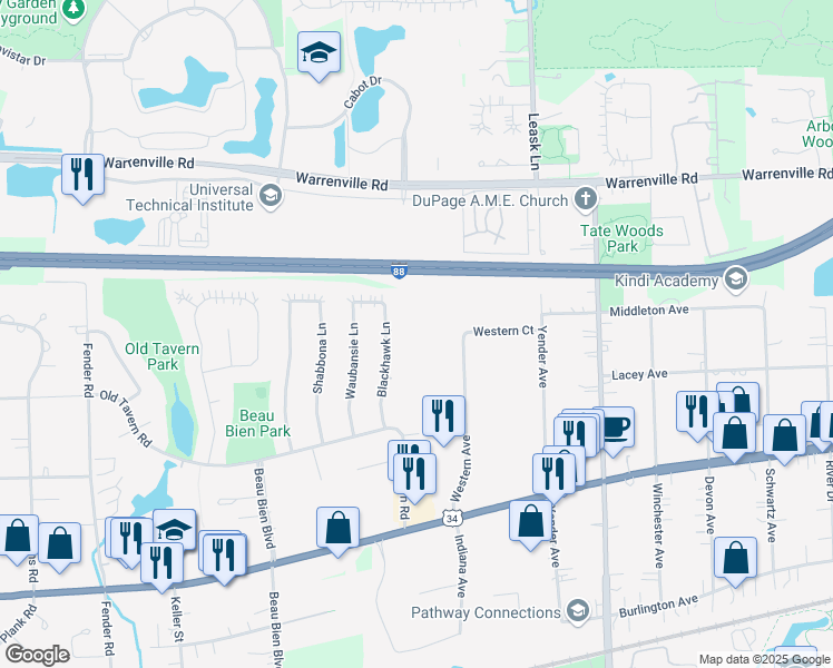 map of restaurants, bars, coffee shops, grocery stores, and more near 4500 Beau Monde Drive in Lisle