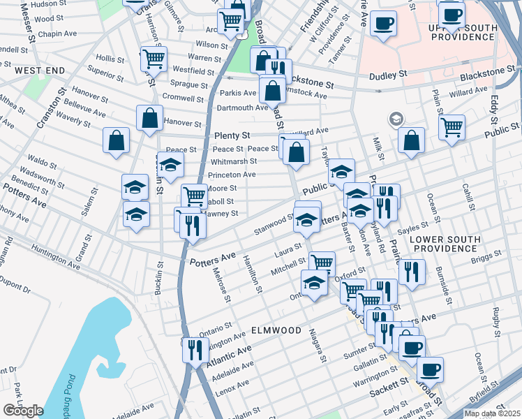 map of restaurants, bars, coffee shops, grocery stores, and more near 582 Public Street in Providence