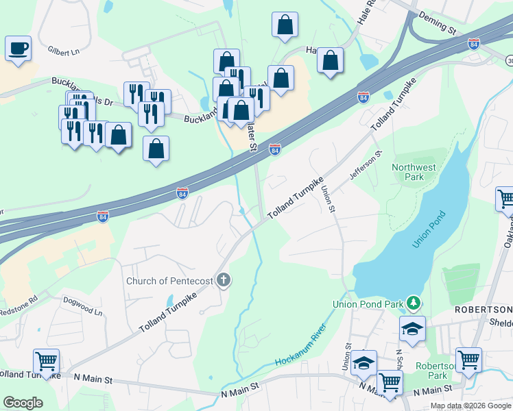 map of restaurants, bars, coffee shops, grocery stores, and more near 647 Tolland Turnpike in Manchester