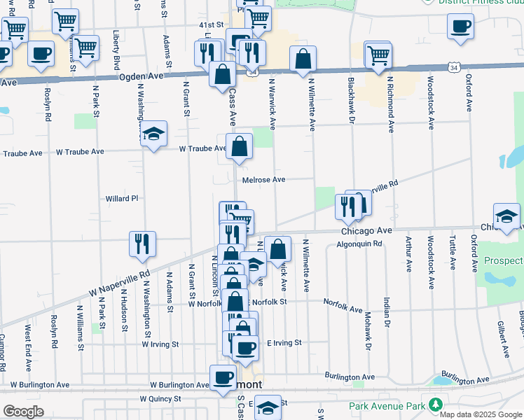 map of restaurants, bars, coffee shops, grocery stores, and more near 314 North Warwick Avenue in Westmont