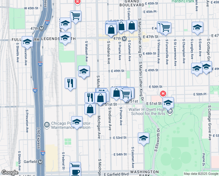 map of restaurants, bars, coffee shops, grocery stores, and more near 5000 South Indiana Avenue in Chicago