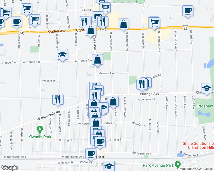 map of restaurants, bars, coffee shops, grocery stores, and more near 316 North Warwick Avenue in Westmont