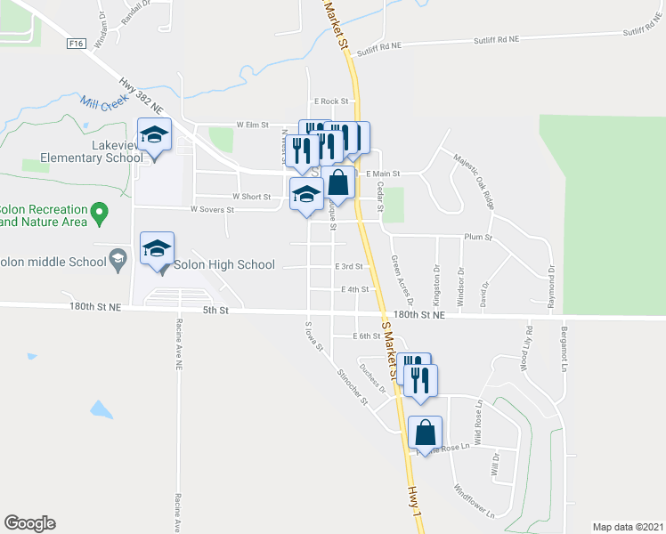 map of restaurants, bars, coffee shops, grocery stores, and more near South Dubuque Street in Solon