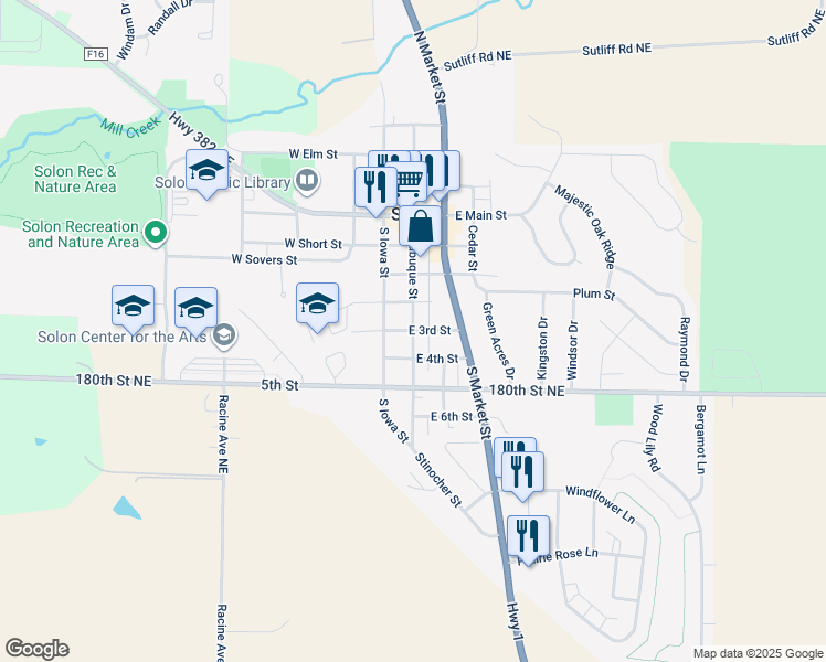 map of restaurants, bars, coffee shops, grocery stores, and more near South Dubuque Street in Solon