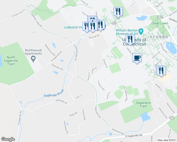 map of restaurants, bars, coffee shops, grocery stores, and more near 47 Cheney Drive in Mansfield