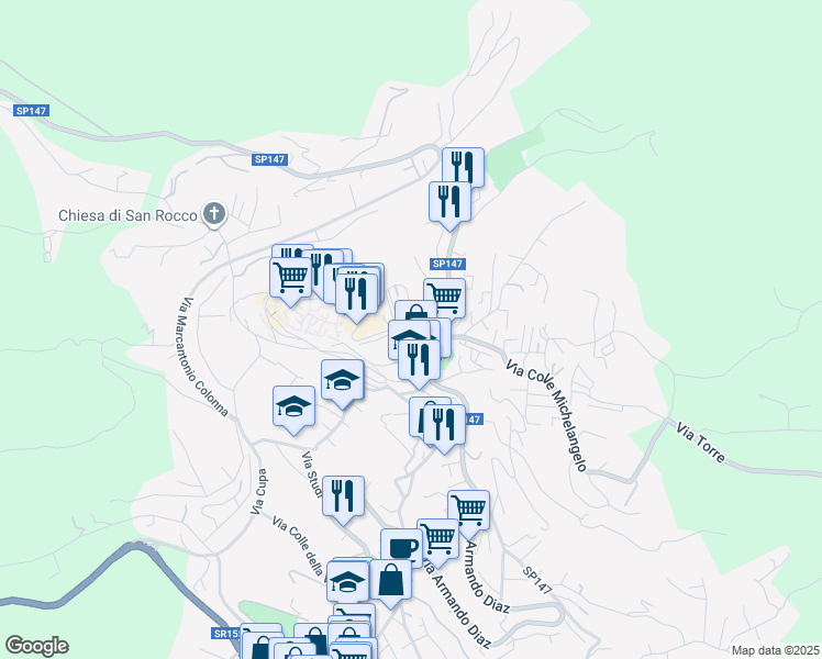 map of restaurants, bars, coffee shops, grocery stores, and more near 28 Via Diaz in Fiuggi