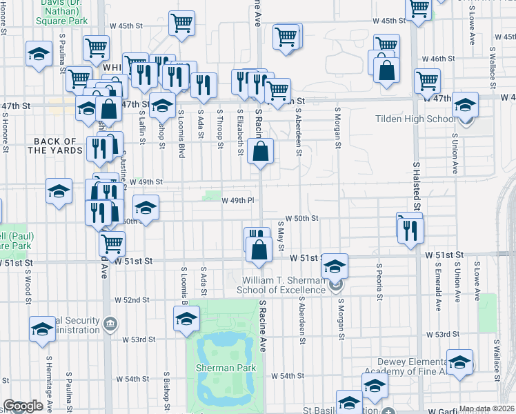 map of restaurants, bars, coffee shops, grocery stores, and more near 4942 South Racine Avenue in Chicago