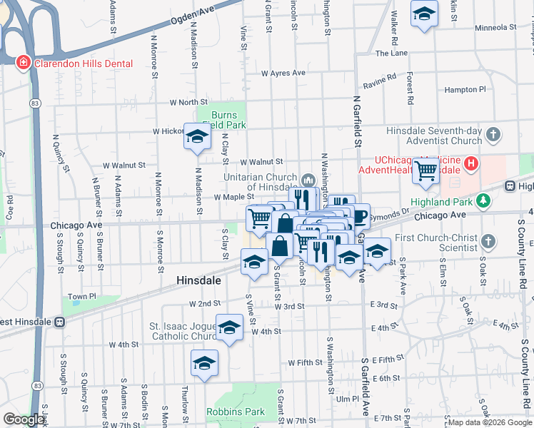 map of restaurants, bars, coffee shops, grocery stores, and more near 211 Chicago Avenue in Hinsdale