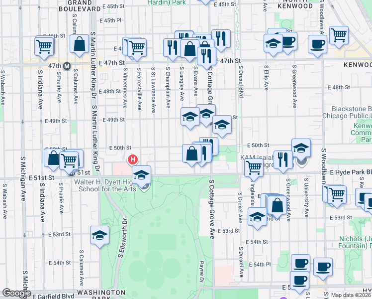 map of restaurants, bars, coffee shops, grocery stores, and more near 703 East 50th Street in Chicago