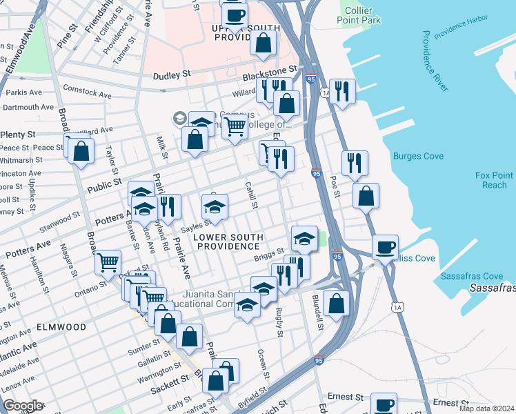 map of restaurants, bars, coffee shops, grocery stores, and more near 269 Sayles Street in Providence