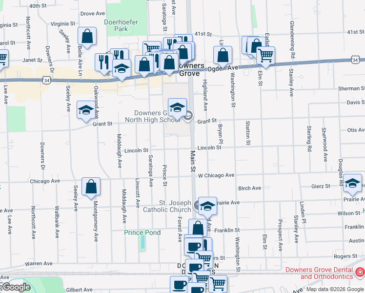 map of restaurants, bars, coffee shops, grocery stores, and more near 4600 Forest Avenue in Downers Grove