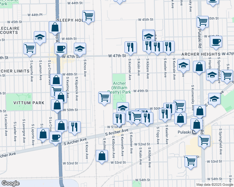 map of restaurants, bars, coffee shops, grocery stores, and more near 4901 South Kilbourn Avenue in Chicago