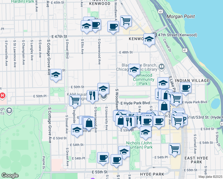 map of restaurants, bars, coffee shops, grocery stores, and more near 5018 South Woodlawn Avenue in Chicago