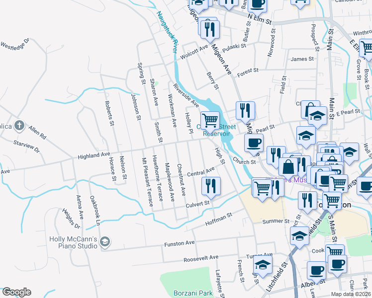 map of restaurants, bars, coffee shops, grocery stores, and more near 22 Beechwood Avenue in Torrington