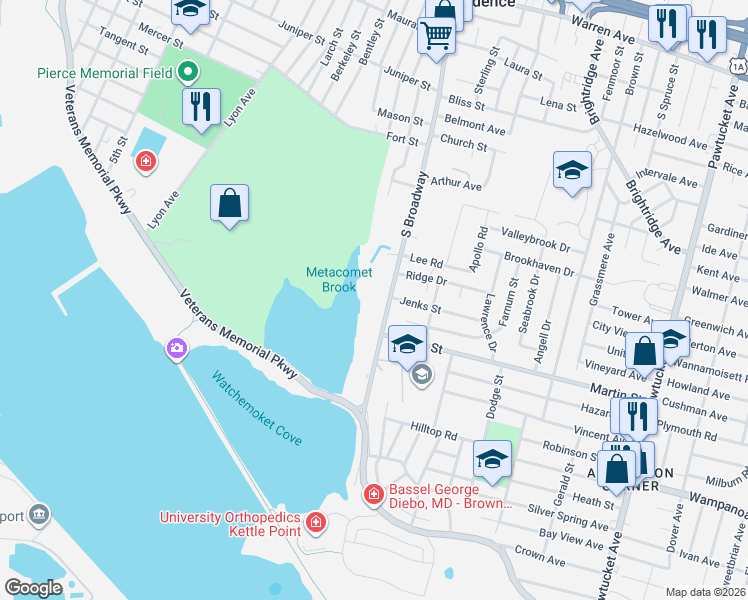 map of restaurants, bars, coffee shops, grocery stores, and more near 1355 South Broadway in East Providence