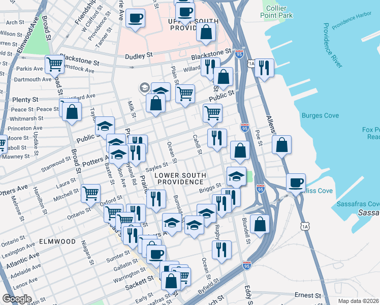 map of restaurants, bars, coffee shops, grocery stores, and more near 286 Sayles Street in Providence