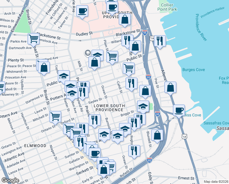 map of restaurants, bars, coffee shops, grocery stores, and more near 286 Sayles Street in Providence