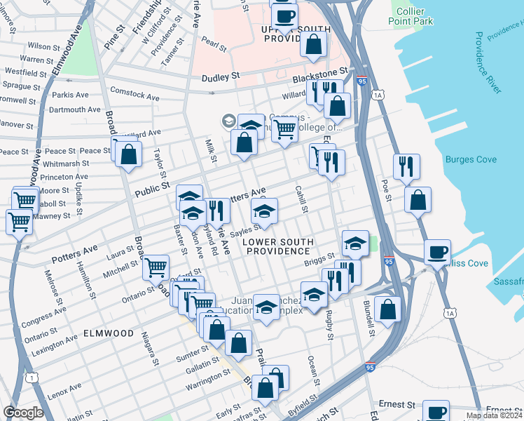map of restaurants, bars, coffee shops, grocery stores, and more near 317 Sayles Street in Providence