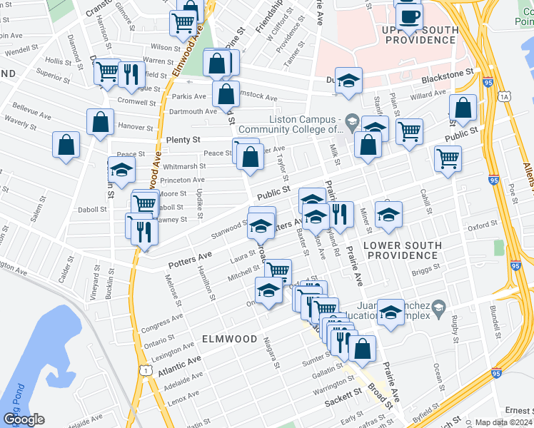 map of restaurants, bars, coffee shops, grocery stores, and more near 182 Reynolds Avenue in Providence