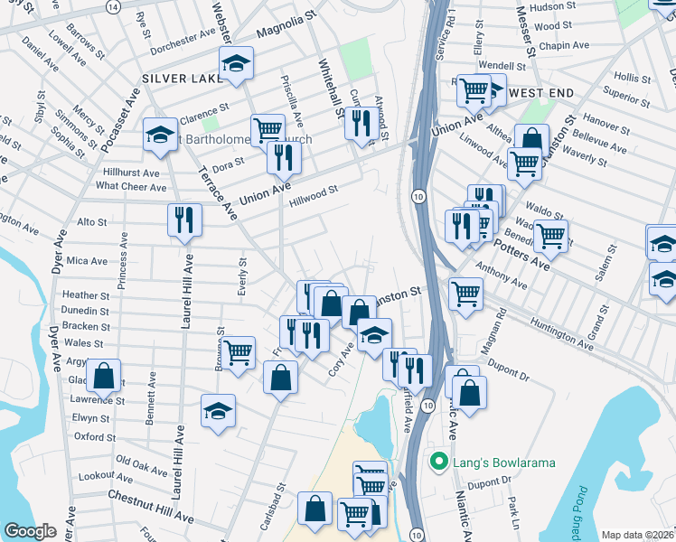 map of restaurants, bars, coffee shops, grocery stores, and more near 48 Franklin Avenue in Cranston