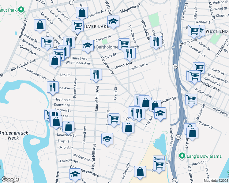 map of restaurants, bars, coffee shops, grocery stores, and more near 196 Maplewood Avenue in Cranston