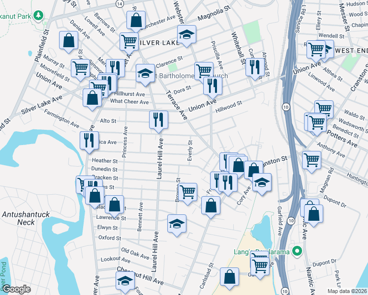 map of restaurants, bars, coffee shops, grocery stores, and more near 196 Maplewood Avenue in Cranston