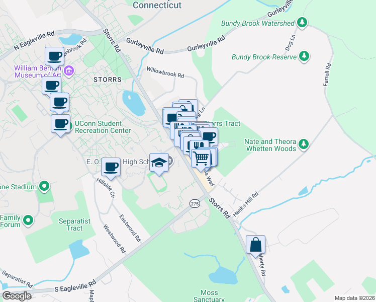 map of restaurants, bars, coffee shops, grocery stores, and more near 12 Royce Circle in Mansfield