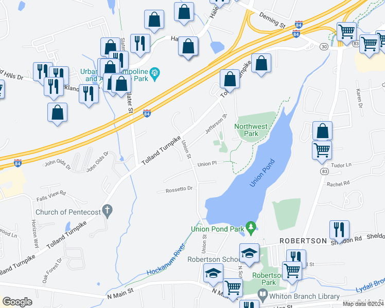 map of restaurants, bars, coffee shops, grocery stores, and more near 217 Union Street in Manchester