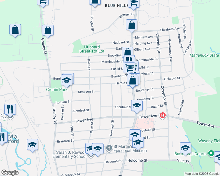 map of restaurants, bars, coffee shops, grocery stores, and more near 483 Cornwall Street in Hartford