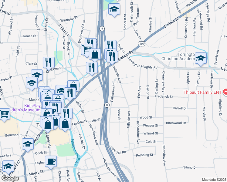 map of restaurants, bars, coffee shops, grocery stores, and more near 63 Pleasant Street in Torrington