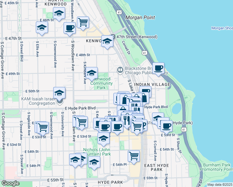 map of restaurants, bars, coffee shops, grocery stores, and more near 5026 South Blackstone Avenue in Chicago