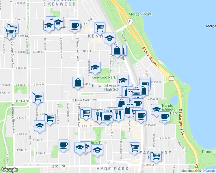 map of restaurants, bars, coffee shops, grocery stores, and more near 1370 East Madison Park in Chicago