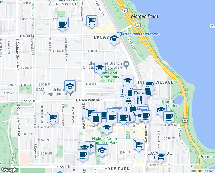 map of restaurants, bars, coffee shops, grocery stores, and more near 1370 East Madison Park in Chicago