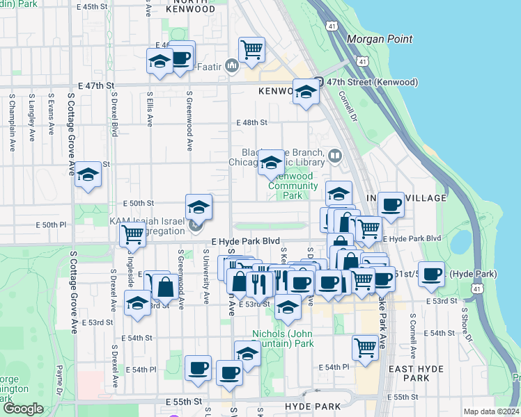 map of restaurants, bars, coffee shops, grocery stores, and more near 1226 East Madison Park in Chicago