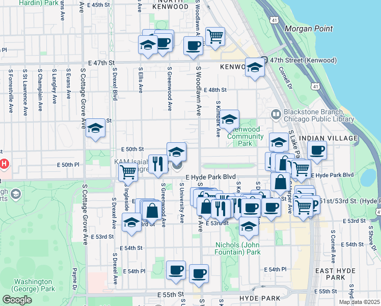 map of restaurants, bars, coffee shops, grocery stores, and more near 5018 South Woodlawn Avenue in Chicago