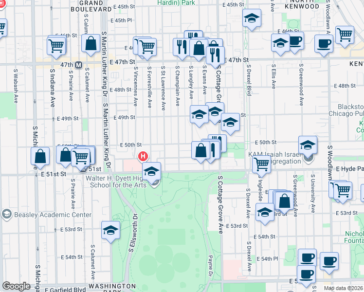map of restaurants, bars, coffee shops, grocery stores, and more near 5015 South Champlain Avenue in Chicago