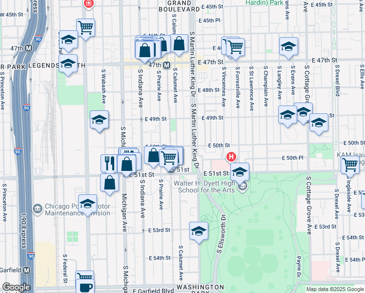 map of restaurants, bars, coffee shops, grocery stores, and more near 5010 South Calumet Avenue in Chicago