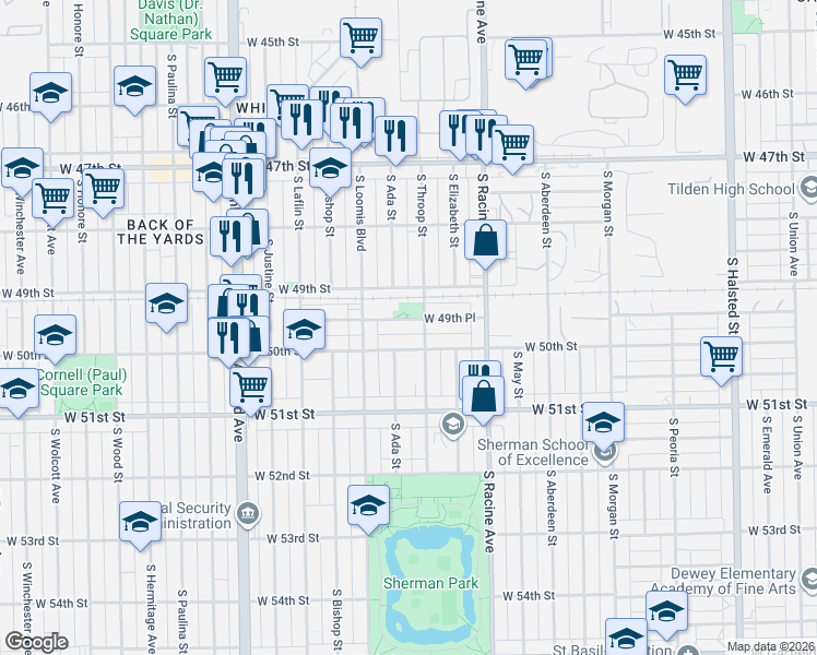 map of restaurants, bars, coffee shops, grocery stores, and more near 1320 West 50th Street in Chicago