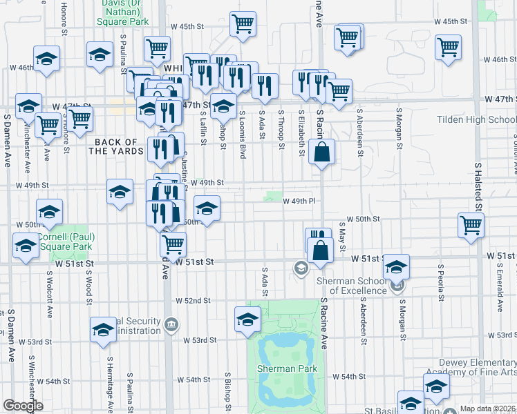 map of restaurants, bars, coffee shops, grocery stores, and more near 1320 West 50th Street in Chicago