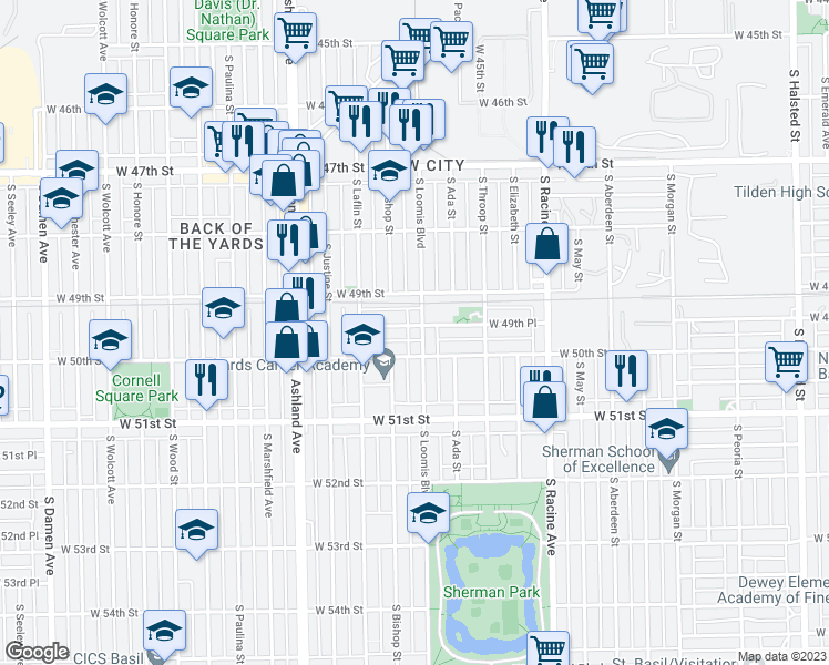 map of restaurants, bars, coffee shops, grocery stores, and more near 4952 South Loomis Boulevard in Chicago