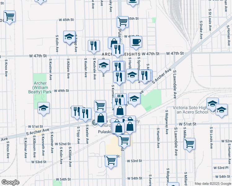 map of restaurants, bars, coffee shops, grocery stores, and more near 4923 South Komensky Avenue in Chicago
